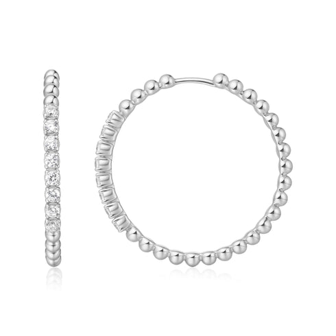 Silver Large Claw Sphere Beaded Hoop Earrings